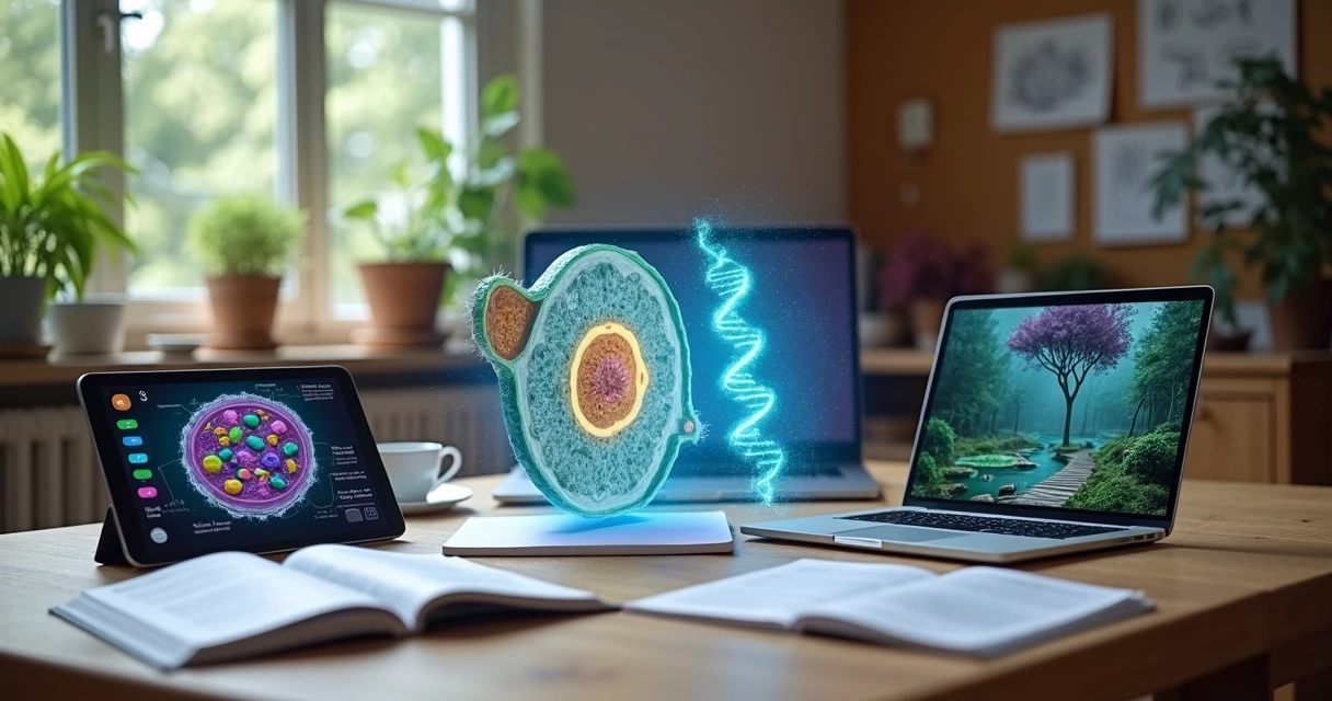 Estudante de biologia estudando em mesa com modelos de célula e DNA em holograma