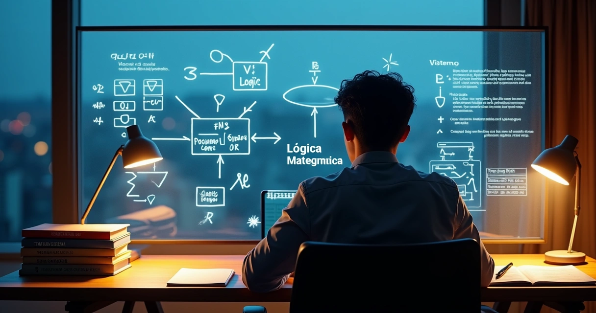 Estudante analisa símbolos de lógica diante de cenário acadêmico e digital