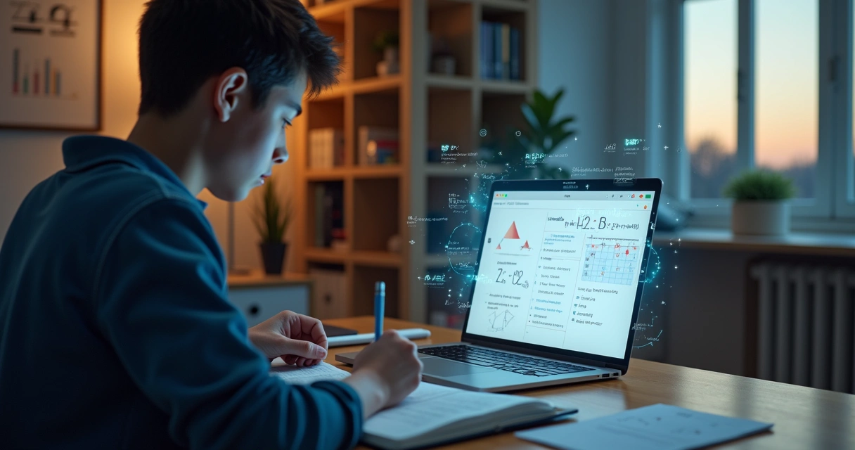 Estudante resolvendo matemática em caderno e notebook com gráficos digitais ao fundo