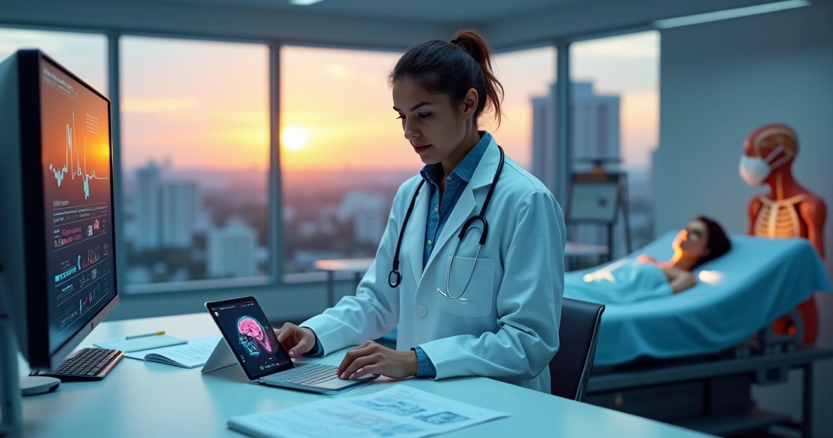 Estudante de medicina analisando exame em tablet dentro de laboratório moderno