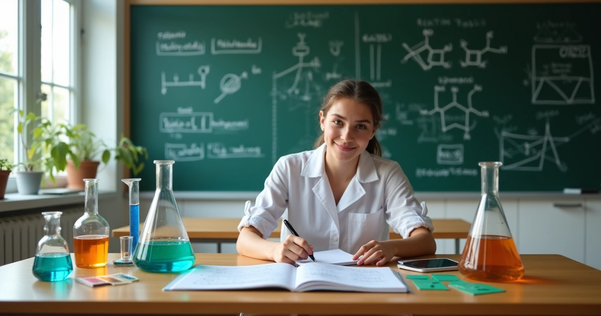 Estudante do ensino médio estudando química com fórmulas na lousa e experimentos simples na mesa