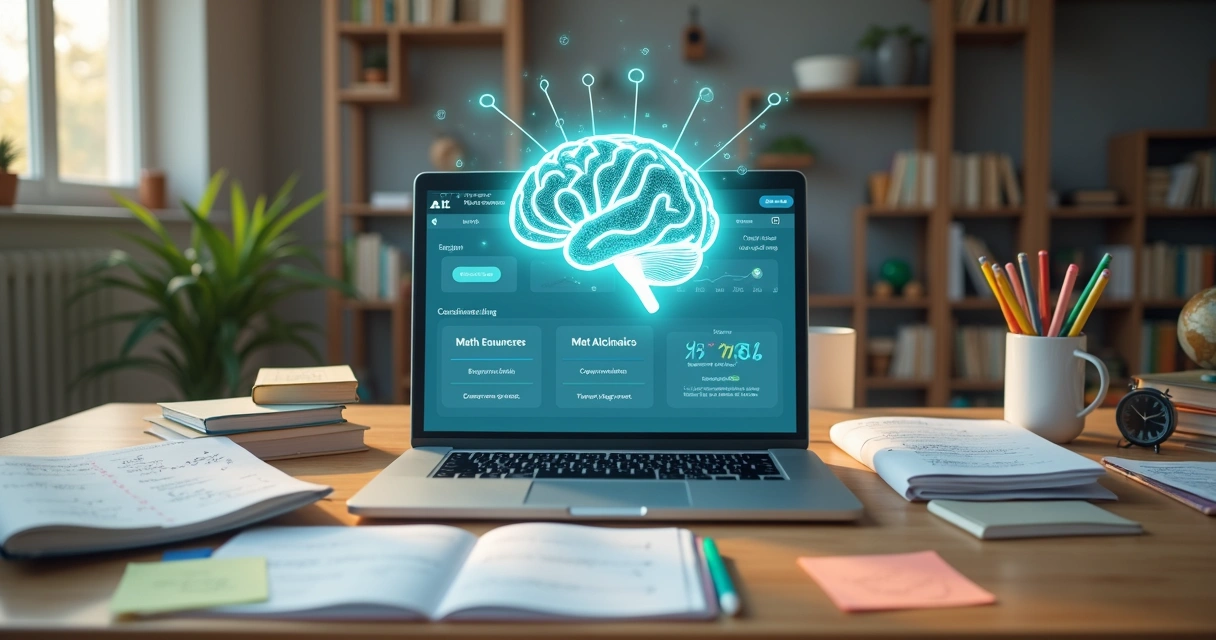 Mesa com materiais escolares e holograma de cérebro representando IA auxiliando estudos