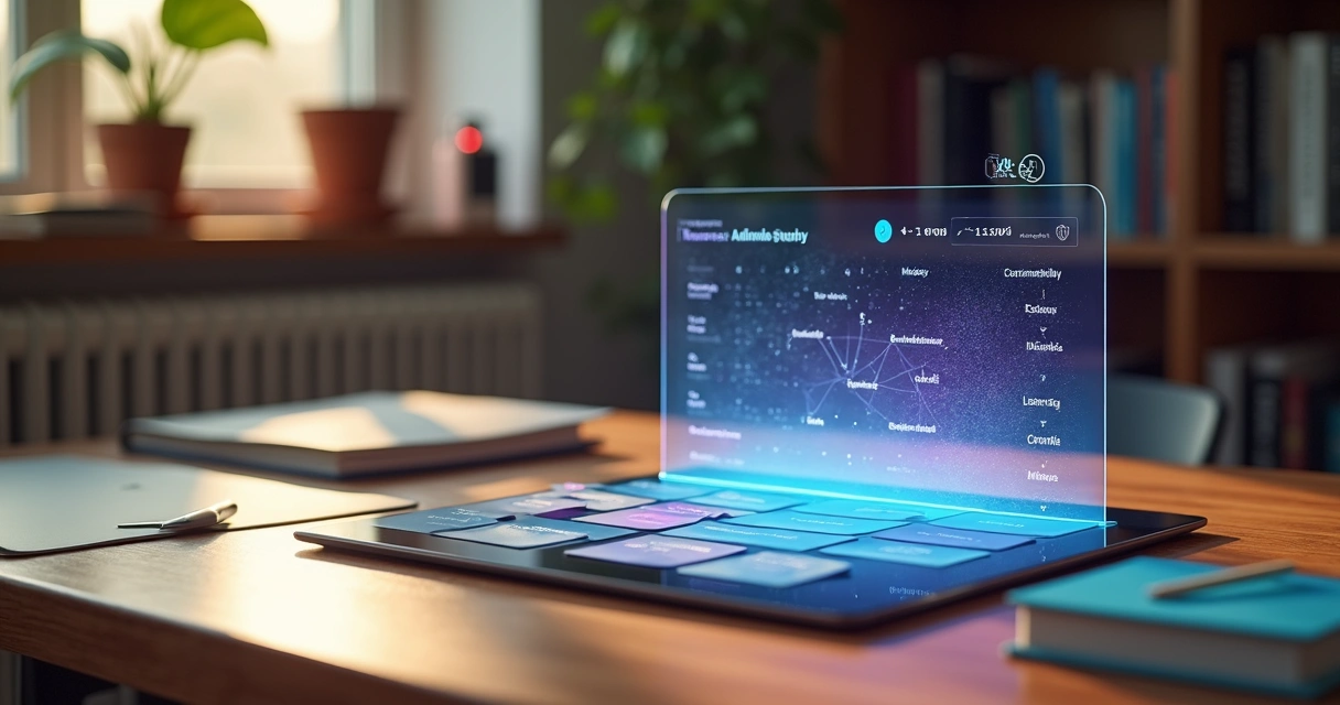 Mesa de estudo com flashcards físicos e painel holográfico de IA organizando cartões