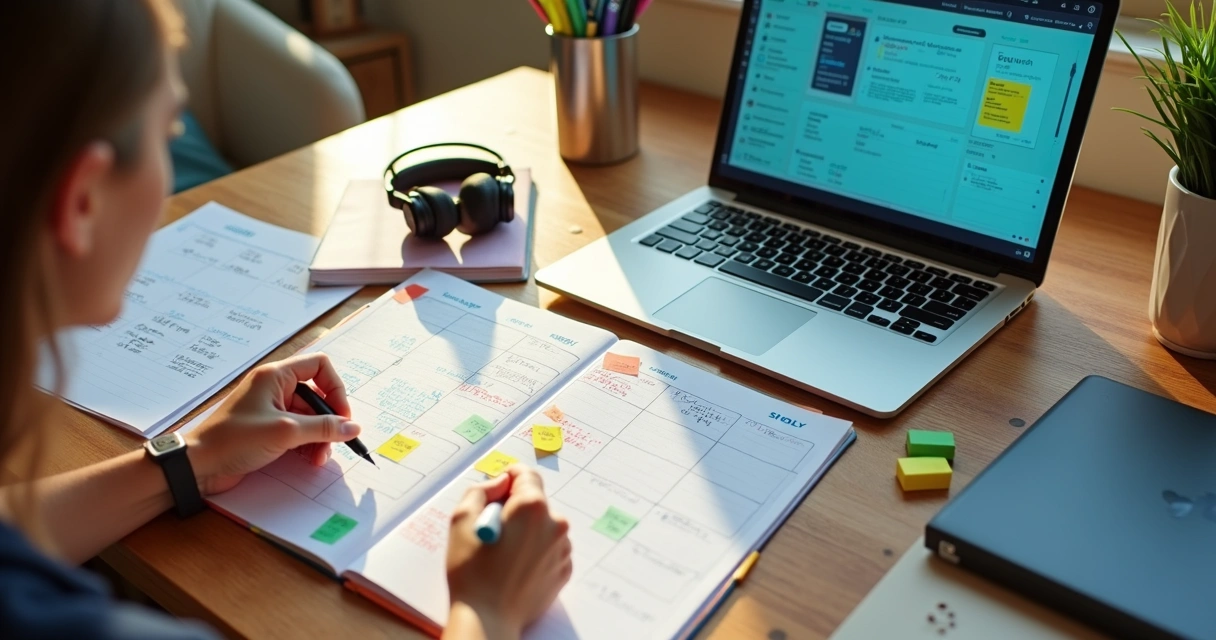 Mesa organizada com planner de estudos, tablet com gráficos de IA e estudante montando cronograma