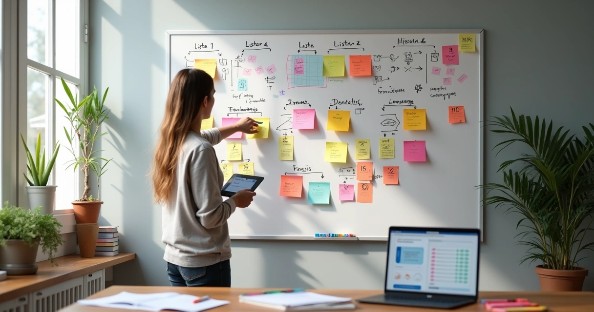 Professora organiza listas de exercícios personalizadas em quadro planejador com ícones coloridos