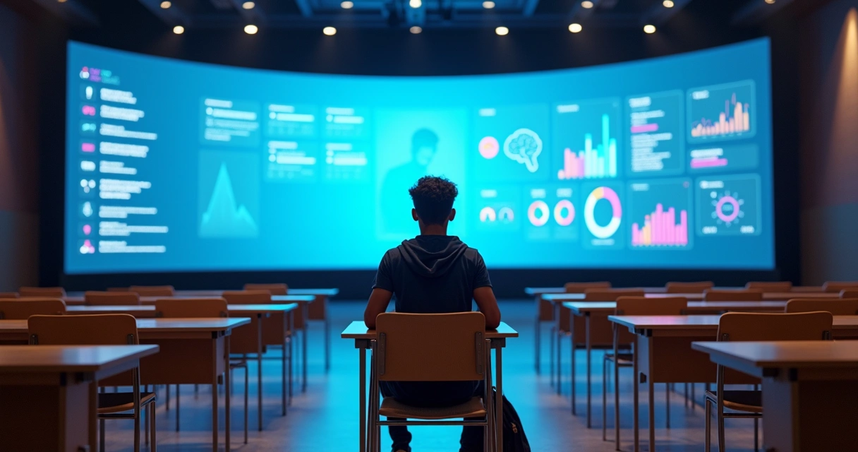 Estudante em auditório vazio fazendo simulado em tela gigante com gráficos de IA