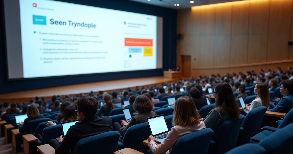Estudantes em auditório acompanhando apresentação em telão com slides acadêmicos digitais