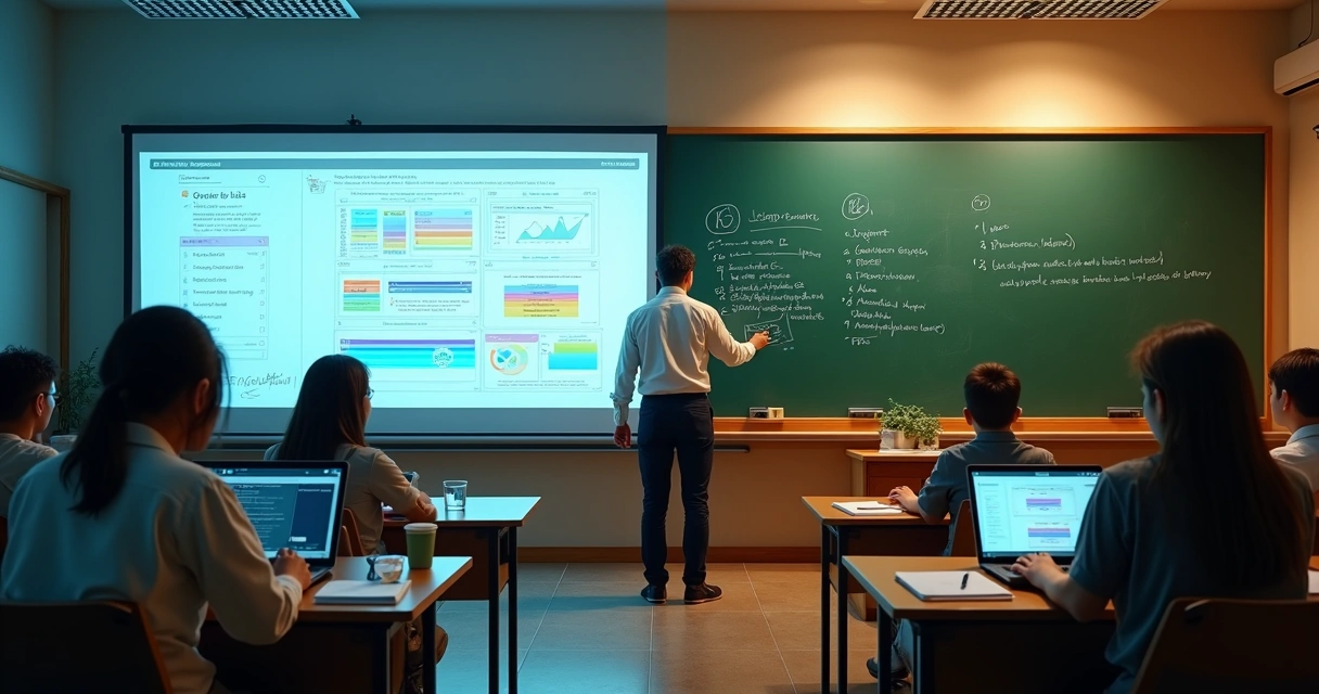 Sala de aula dividida comparando listas automáticas na tela e professor escrevendo exercícios em quadro
