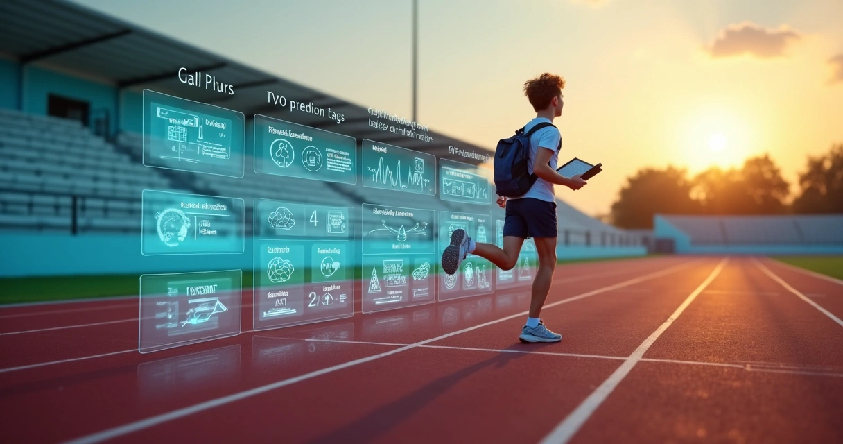 Estudante corre em pista com fórmulas de exatas enquanto gráficos digitais flutuam ao redor