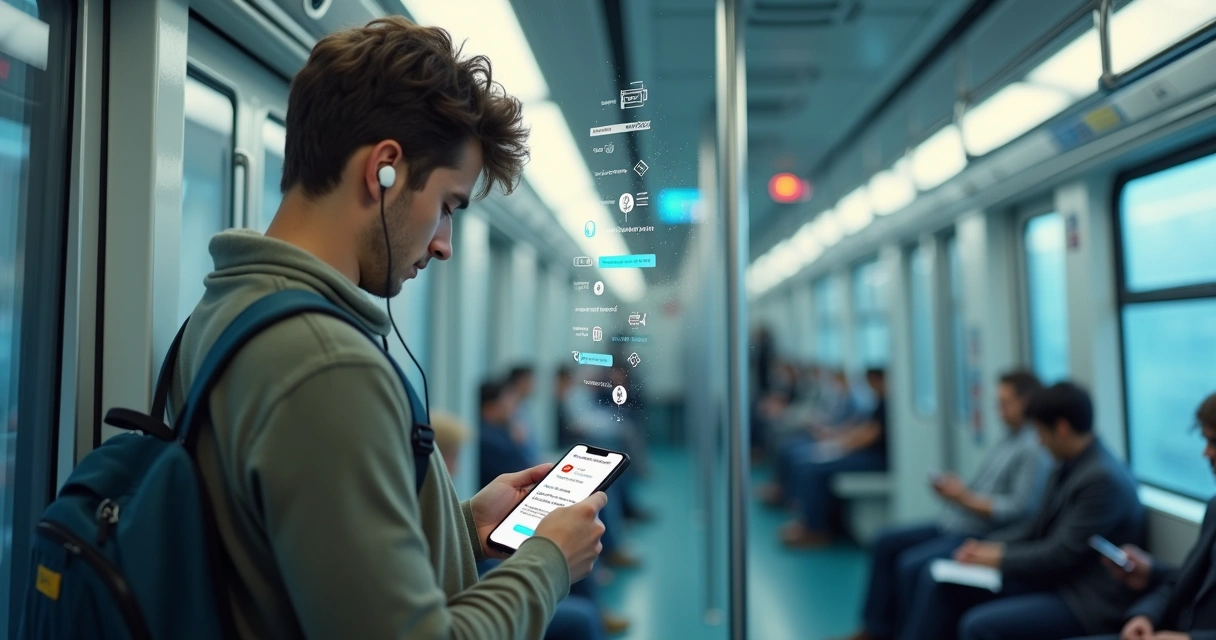 Estudante grava áudio de resumos no celular enquanto estuda em um metrô moderno