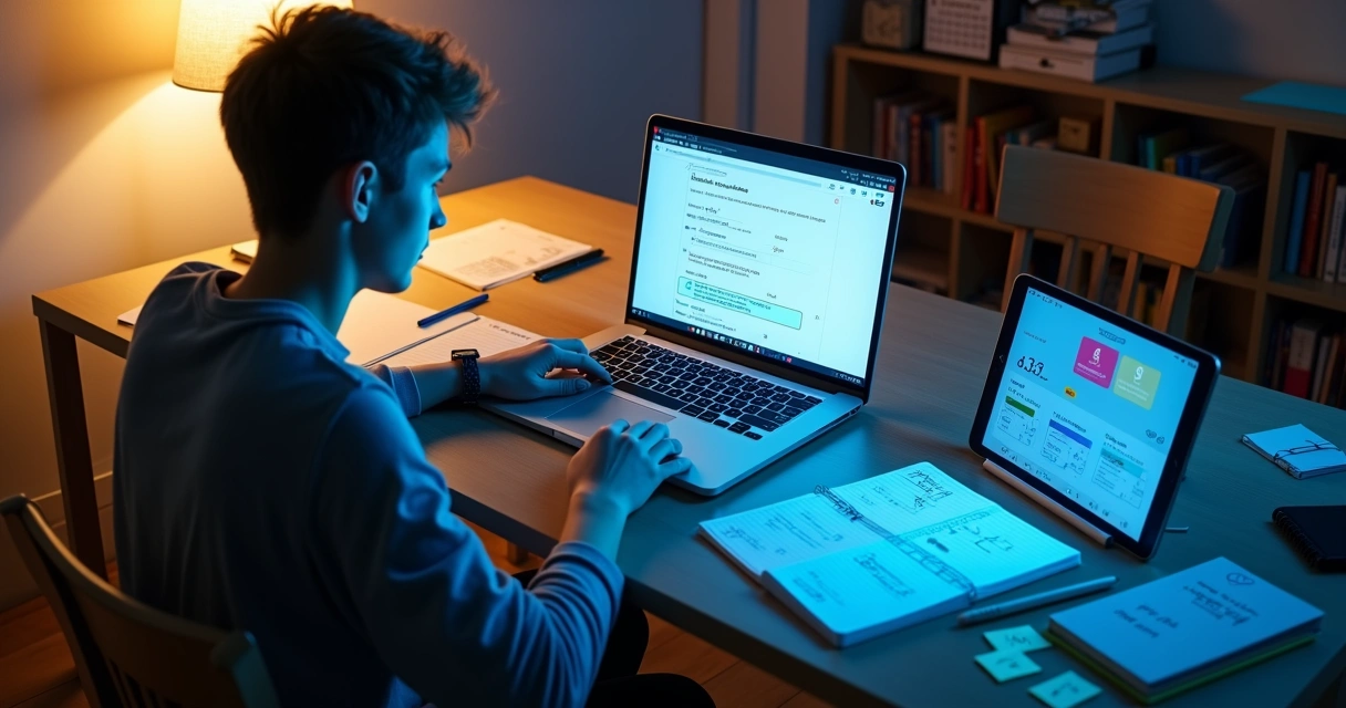 Estudante organizando tarefas escolares em mesa digital com apoio de inteligência artificial