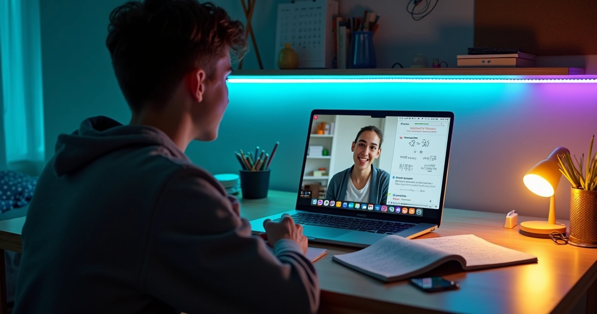 Estudante fazendo dever de casa em quarto à noite com tutor em tela de notebook e elementos de IA ao redor