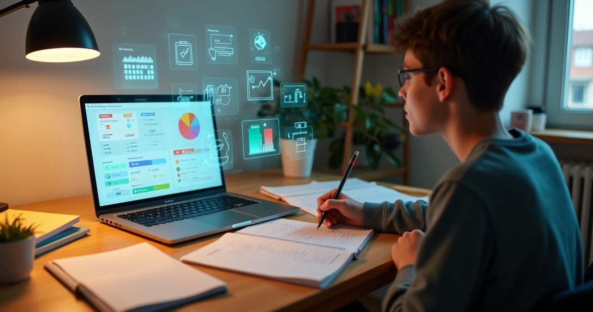 Mesa de estudos organizada com estudante e elementos digitais de IA