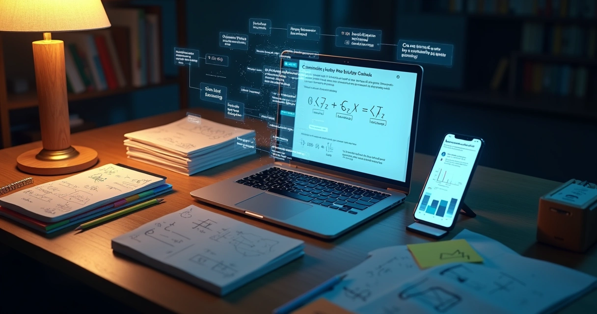 Mesa de estudo com vários dispositivos exibindo soluções passo a passo em plataformas de IA