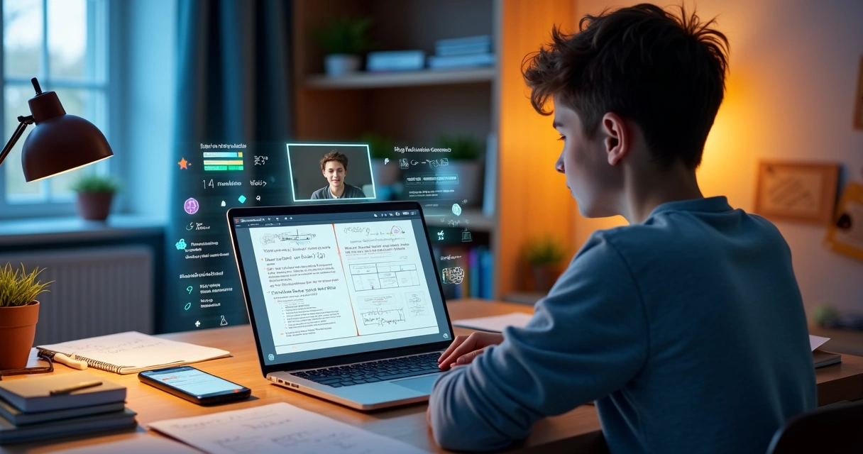 Aluno estuda em mesa compartilhando exercícios com tutor online e painel de IA