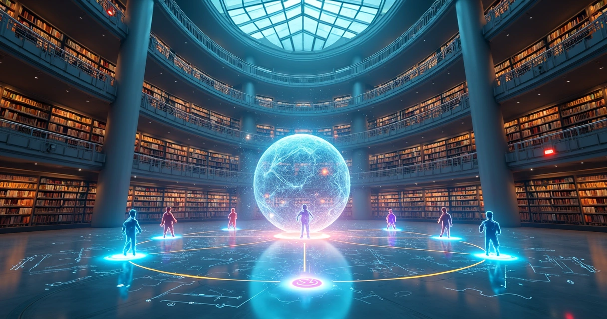 Grande biblioteca futurista com ícones de inteligências artificiais guiando caminhos de estudo