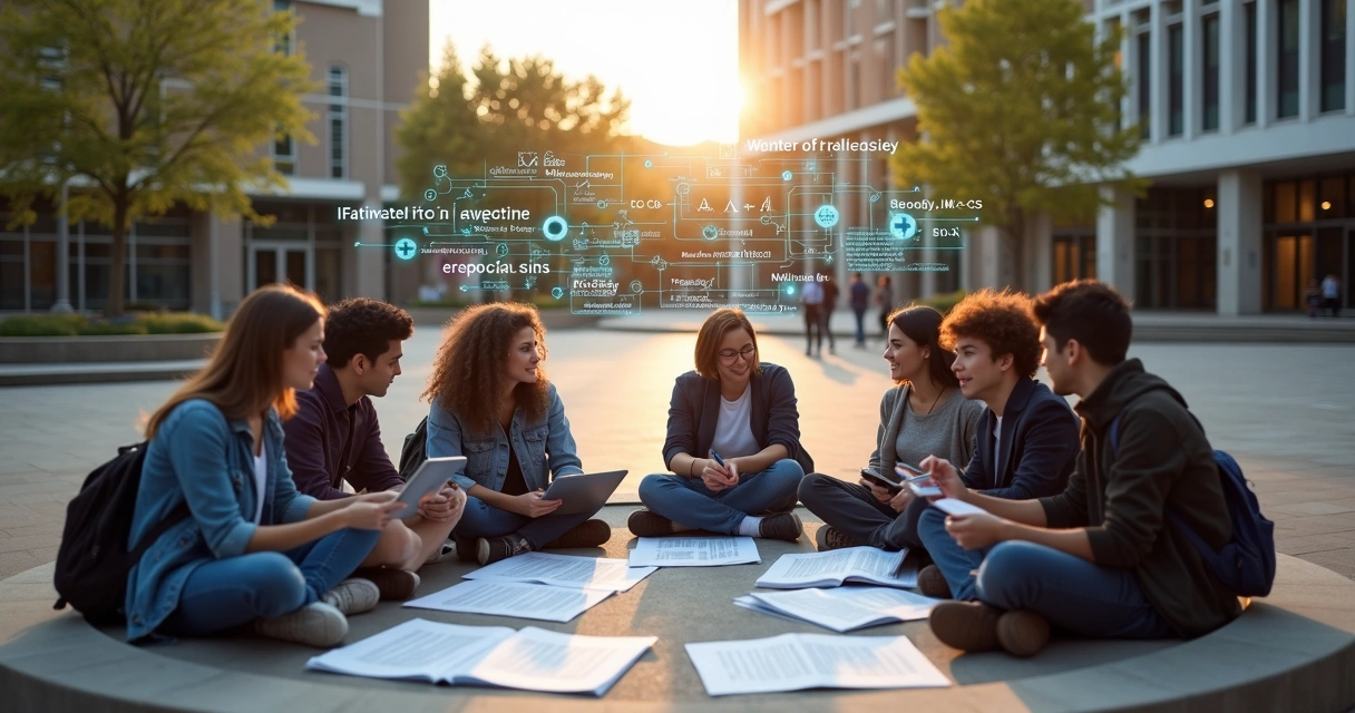 Estudantes em praça de campus colaborando com holograma de inteligência artificial