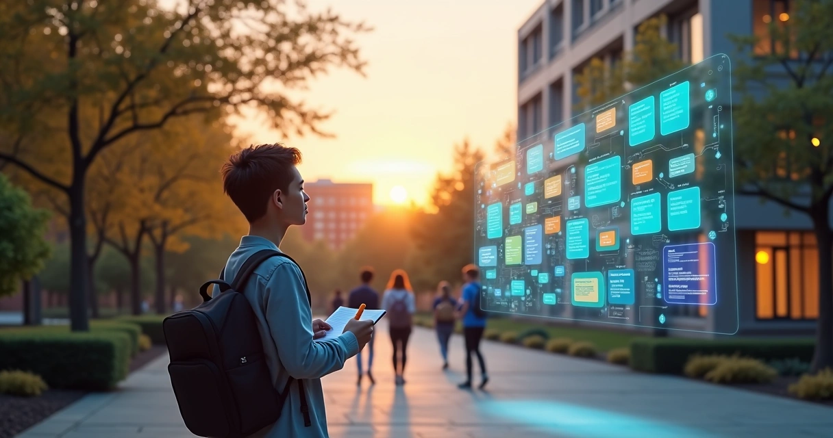 Estudante revisando matérias com painel digital de resumos ao ar livre