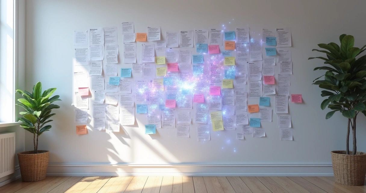 Parede com folhas de revisão coloridas sendo reorganizadas por painel holográfico de IA