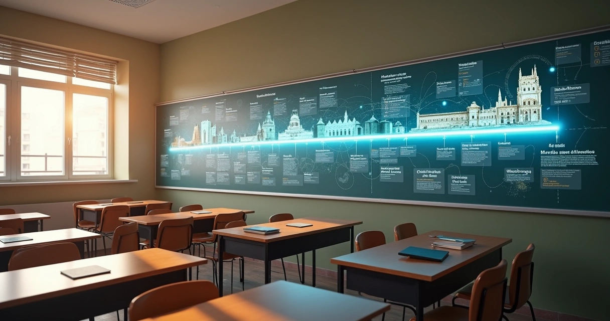 Mural com linha do tempo de história projetada por inteligência artificial