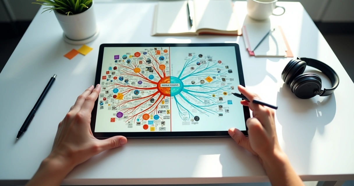 Contraste visual entre mapa mental digital bagunçado e versão organizada na tela de um tablet