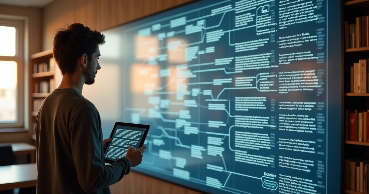 Estudante observando grande parede com linhas do tempo e mapas mentais em tema de ciências humanas