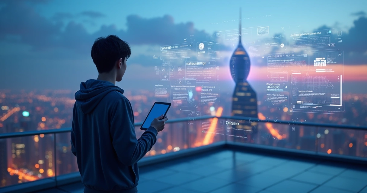 Pessoa observa cidade à noite com hologramas de IA e conhecimentos flutuando ao redor