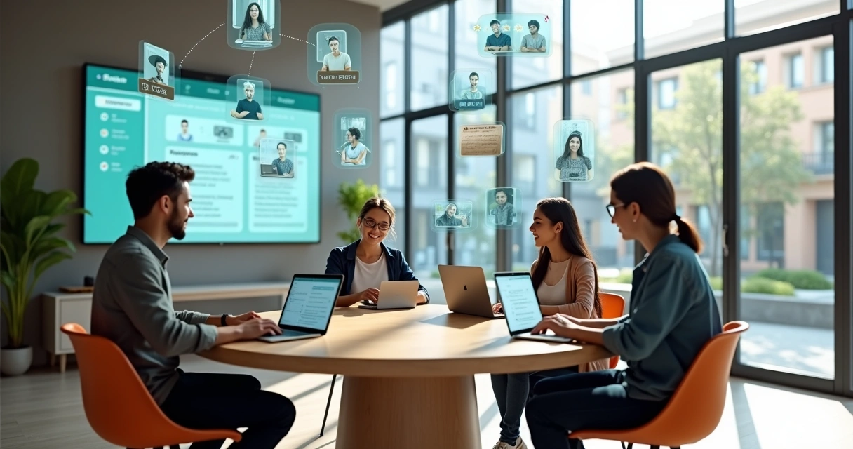 Alunos em estação de estudo colaborativa com tutores conectados por telas digitais