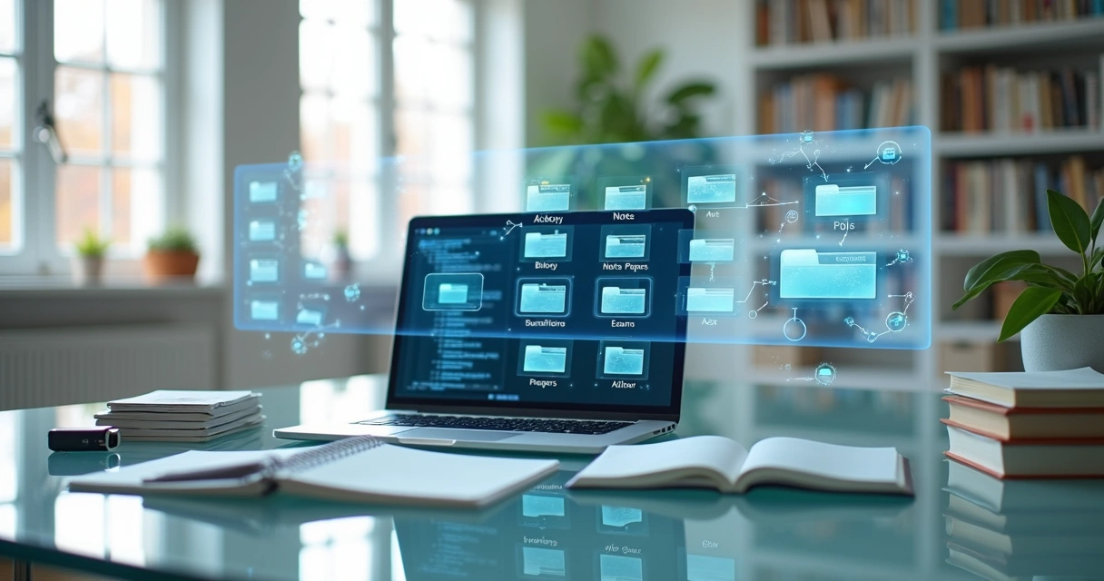 Pastas acadêmicas digitais sendo organizadas por inteligência artificial em ambiente claro
