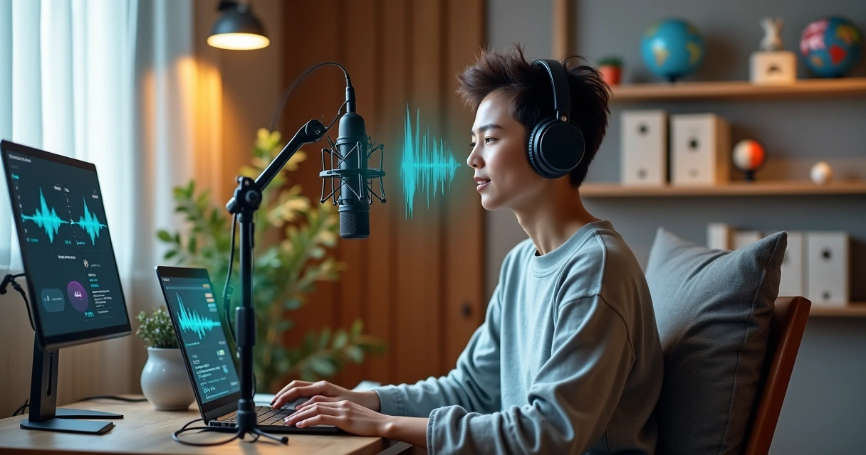 Jovem praticando idiomas falando ao microfone em estúdio doméstico moderno