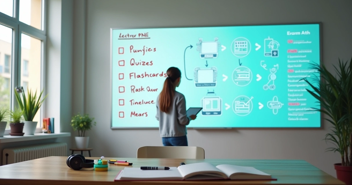 Estudante organizando checklist de estudos em quadro branco com apoio de IA em telão