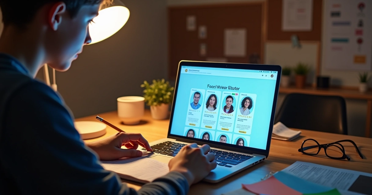 Aluna comparando perfis de professores freelancers em tela de notebook