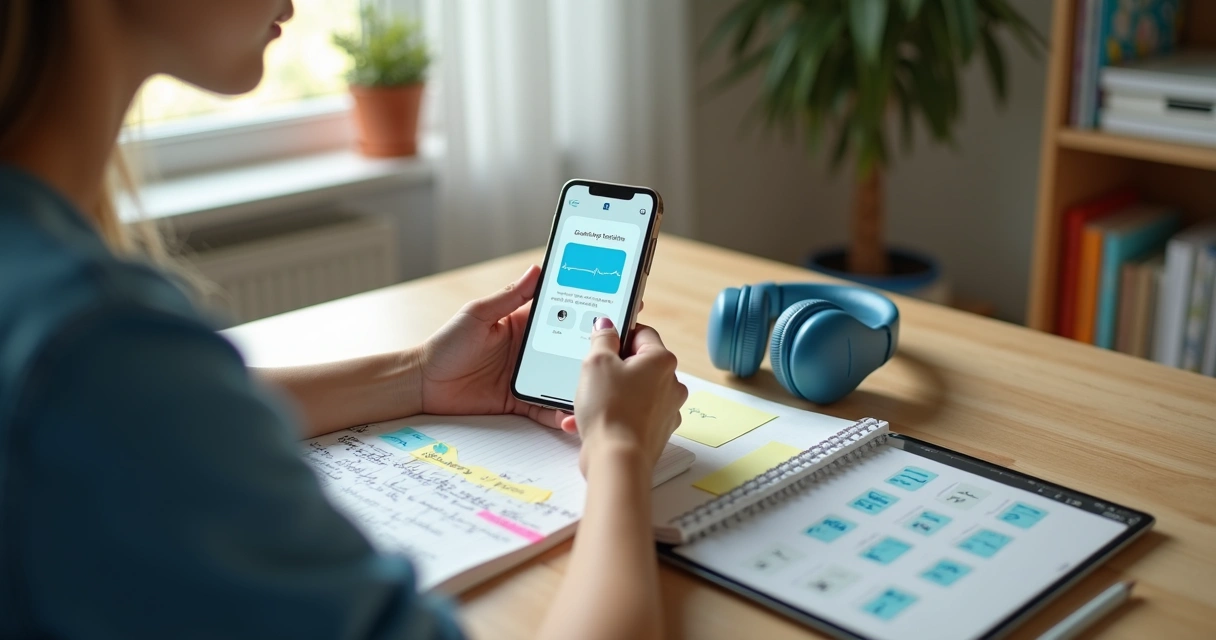 Estudante cria flashcards baseados em áudio pelo celular sobre caderno aberto