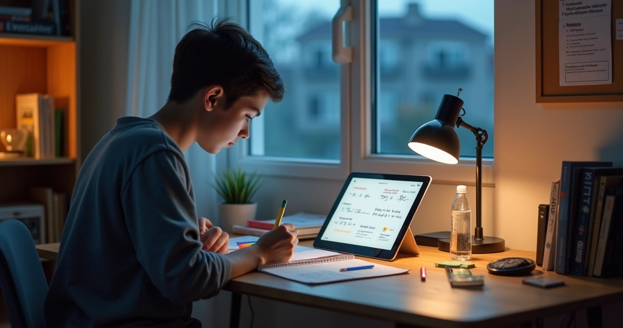 Estudante resolvendo exercícios em tablet com apoio de inteligência artificial