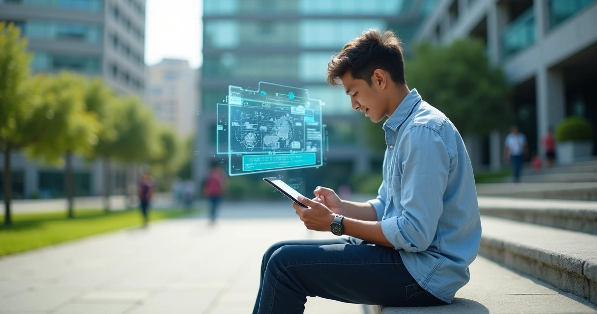 Universitário sentado em área externa usando tablet com tutor de IA projetado ao lado