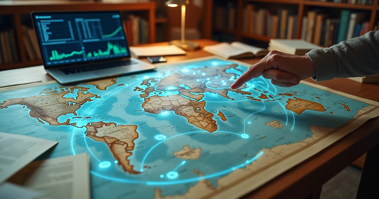 Mapa histórico sobre mesa com projeções de dados e ícones de inteligência artificial