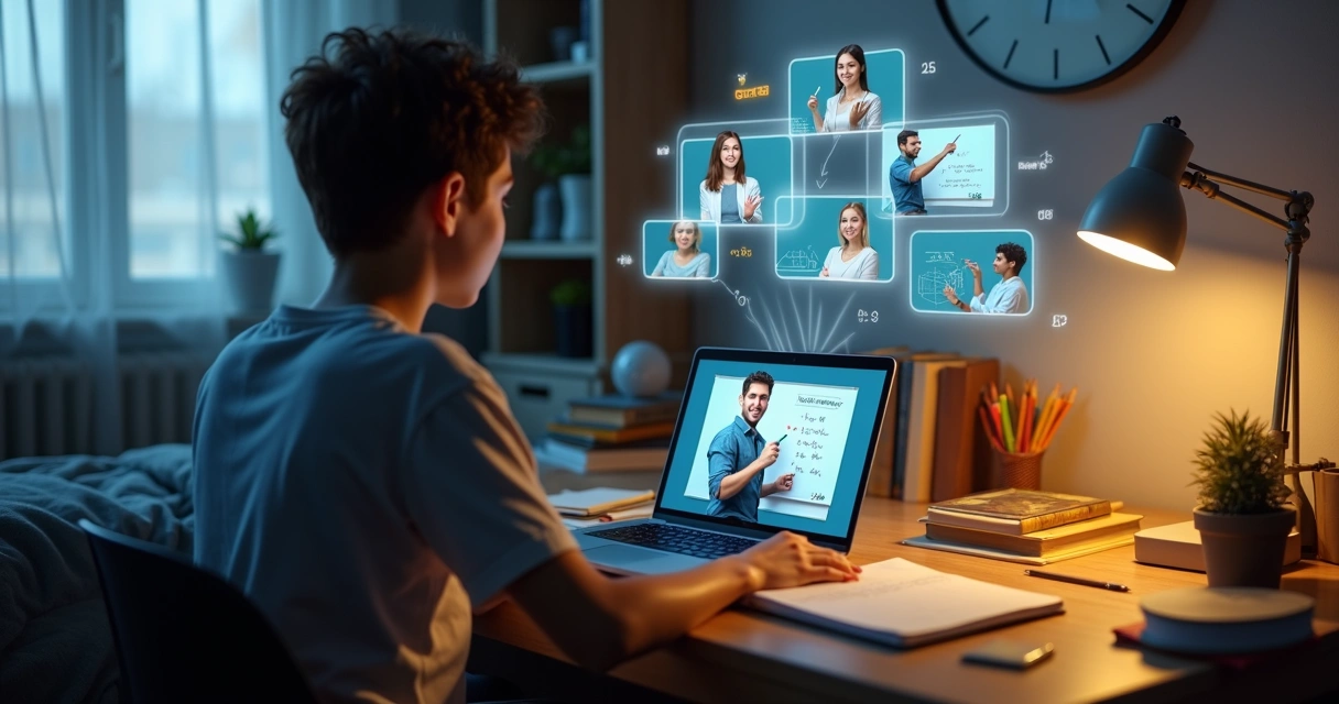 Professora em parede de telas digitais dá reforço escolar online para estudante em casa