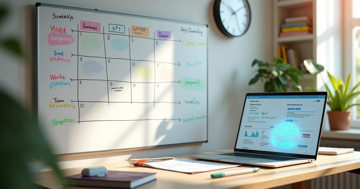 Quadro branco com agenda semanal colorida ao lado de holograma de IA em home office estudantil