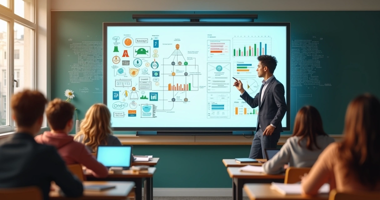 Quadro digital em sala de aula com fórmulas e algoritmos educacionais destacado