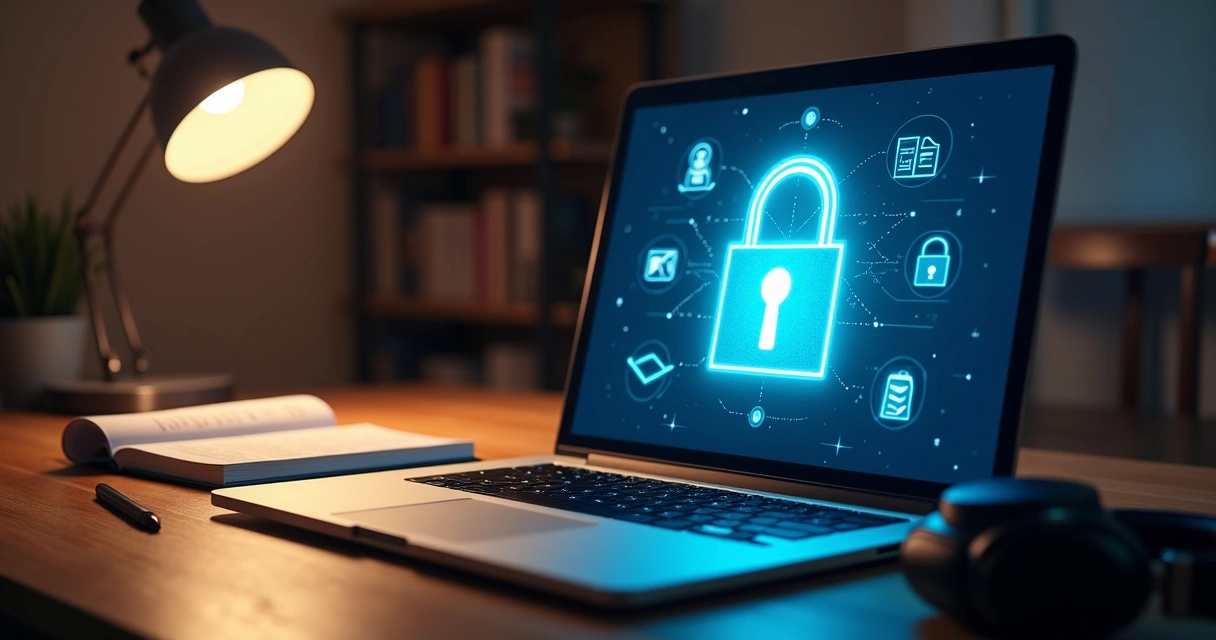Cadeado digital protegendo ícones de dados estudantis em tela de laptop