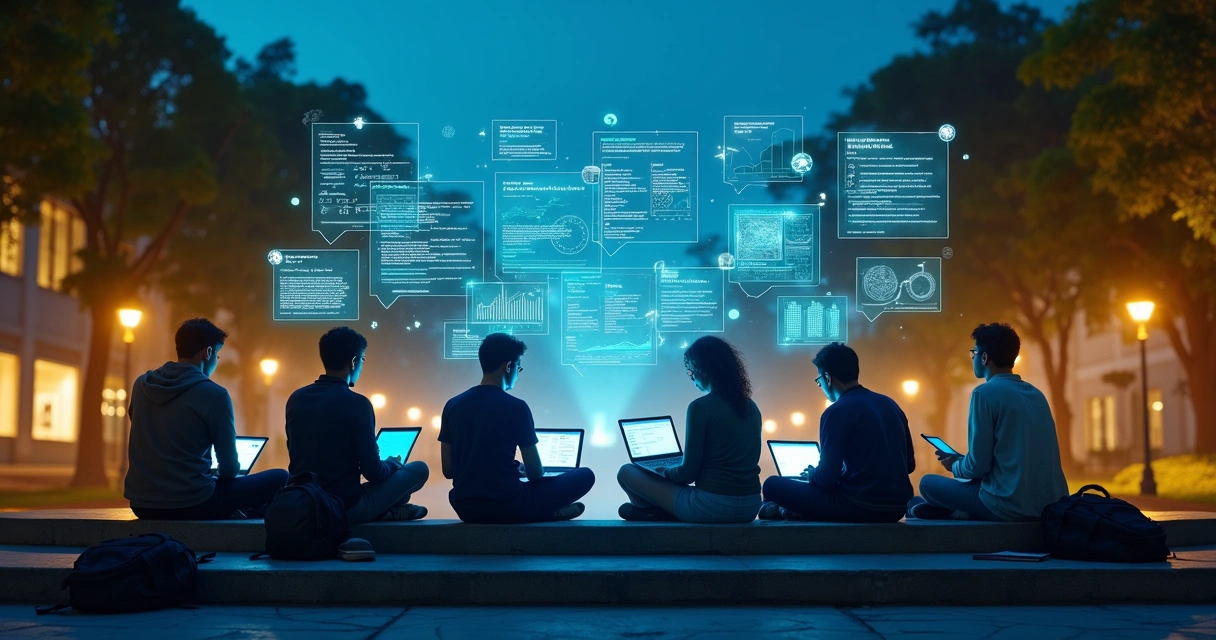 Universitários estudando à noite em campus com projeções de inteligência artificial